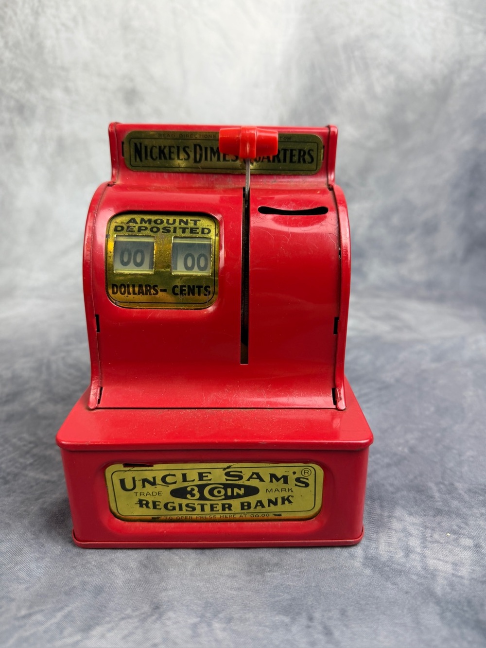 Vintage Uncle Sam's 3 Coin Red Register Bank Western Stamping Co. Works!!